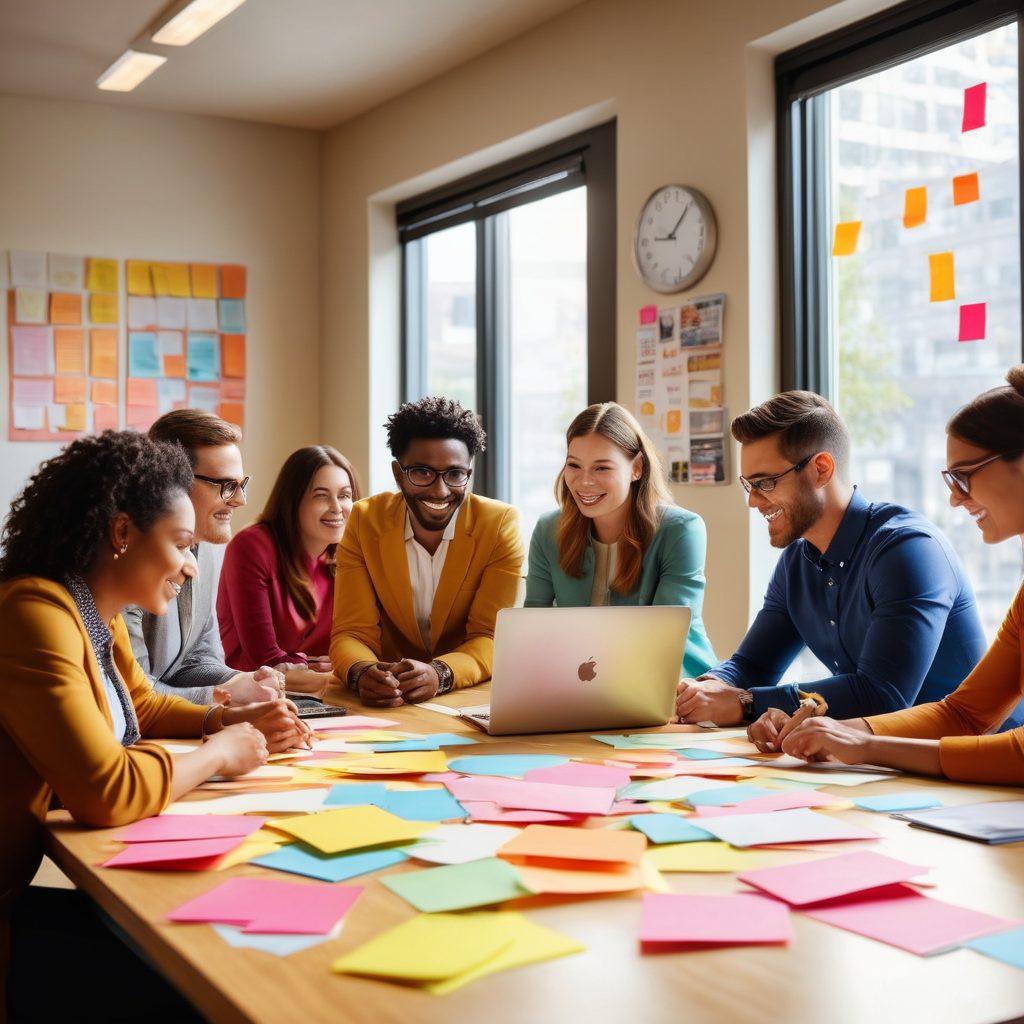 An image depicting a diverse group of professionals joyfully engaged in a collaborative brainstorming session, surrounded by vibrant post-it notes and laptops on a modern office table. Sunlight streams through large windows, illuminating their happy faces as they discuss career advancement strategies. Incorporate symbols of success like upward arrows and a glowing light bulb. super-realistic. vibrant colors. bright office setting.