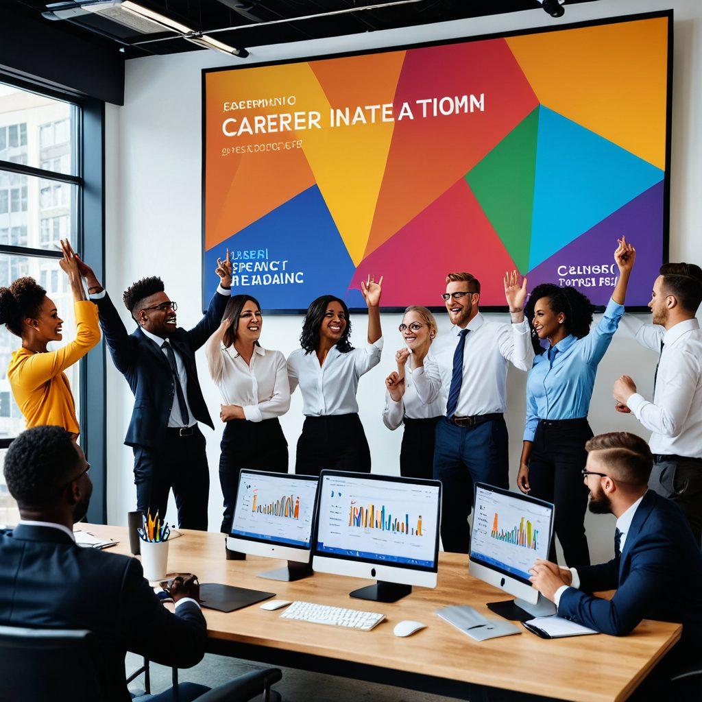 A diverse group of professionals celebrating a career milestone in a modern office setting. They are reviewing job vacancies on a digital screen filled with colorful graphics and upward arrows symbolizing growth. In the background, motivational quotes about career satisfaction are displayed. The atmosphere is vibrant and energetic, showcasing collaboration and success. super-realistic. vibrant colors. modern design.