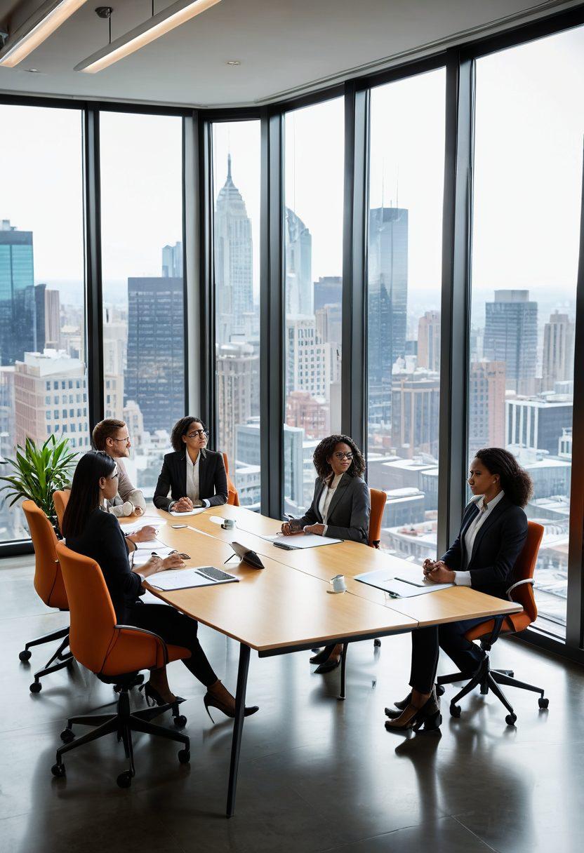 A diverse group of professionals engaging in collaborative discussions in a modern office setting, surrounded by inspiring career advancement visuals like graphs and upward arrows. Soft sunlight streaming through the windows to symbolize hope and positivity in career growth. A background with vibrant colors depicting a city skyline representing opportunities. super-realistic. vibrant colors. modern office environment.